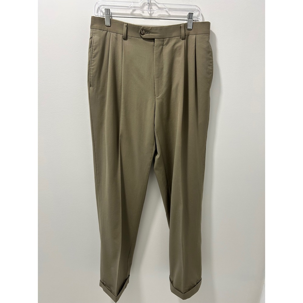 Jos. A. Bank Executive Collection Pleated Dress Pants Olive Khaki Cuffed 34x31